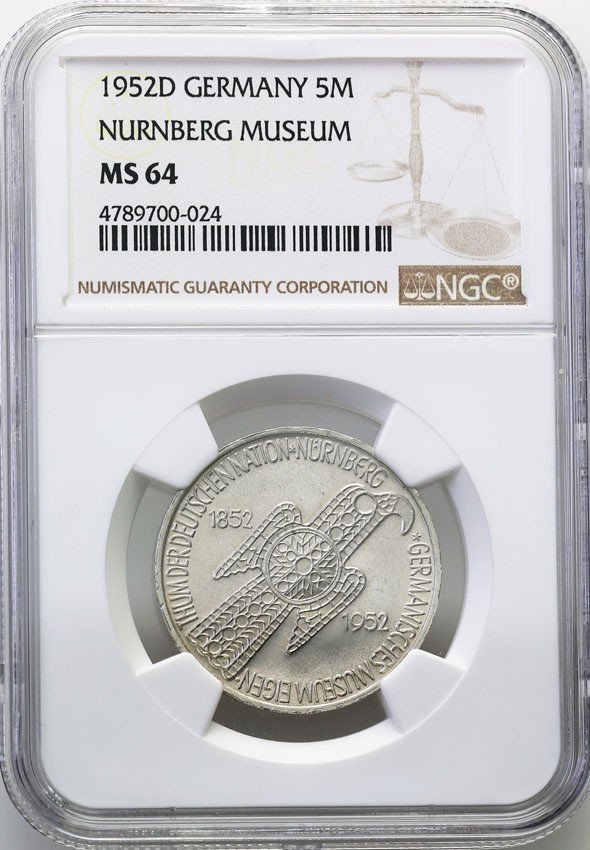 Niemcy. RFN. 5 marek 1952 D, Germanisches Museum NGC MS64 (2MAX)